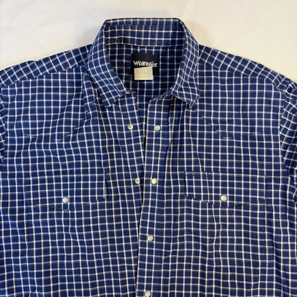 Vintage Wrangler Men’s Pearl Snap Long Sleeve Shirt Blue Plaid Large